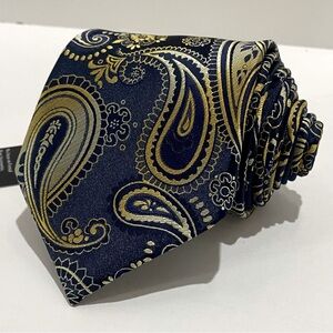 NWT Hisdern Navy Blue Tie W/Gold Paisley Print Handmade XL 62" Elegant Business